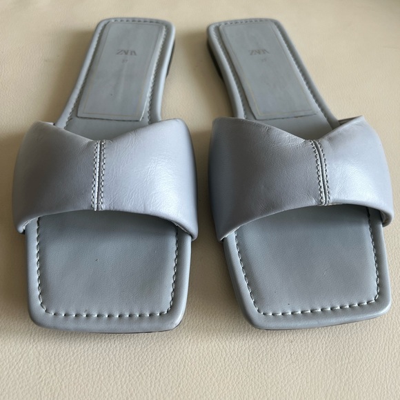 Zara Light Blue Leather Slides Size 37 - Picture 1 of 6